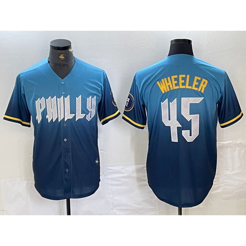 Baseball Jersey | Philadelphia Phillies #45 Zack Wheeler Blue 2024 City Stitched - image 1