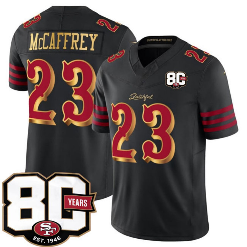American Football Jersey | SF.49ers 49ers #23 Christian McCaffrey Black 80th Anniversary Patch Rivalries F.U.S.E. Vapor Limited Football Stitched Jersey - image 1
