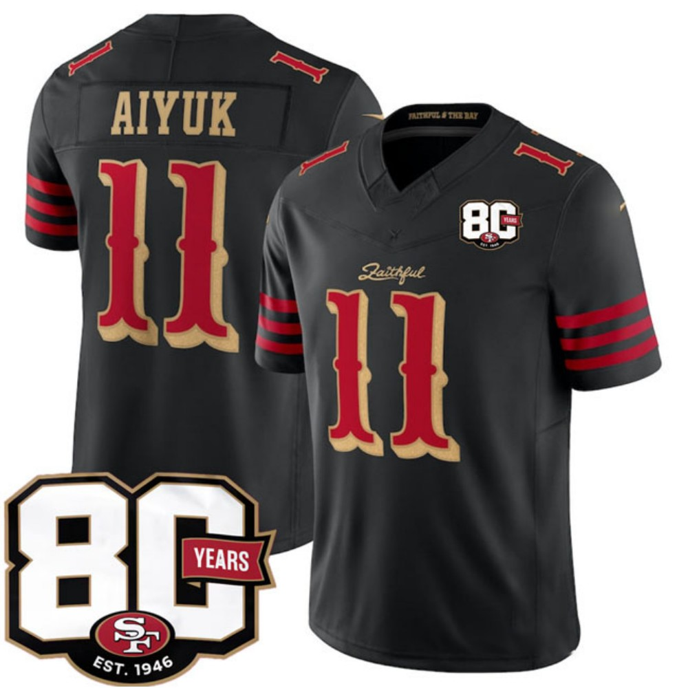 American Football Jersey | SF.49ers #11 Brandon Aiyuk Black 80th Anniversary Patch Rivalries F.U.S.E. Vapor Limited Football Stitched Jersey - image 1