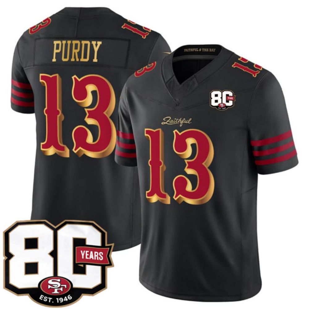 American Football Jersey | SF.49ers #13 Brock Purdy Black 80th Anniversary Patch Rivalries F.U.S.E. Vapor Limited Football Stitched Jersey - image 1