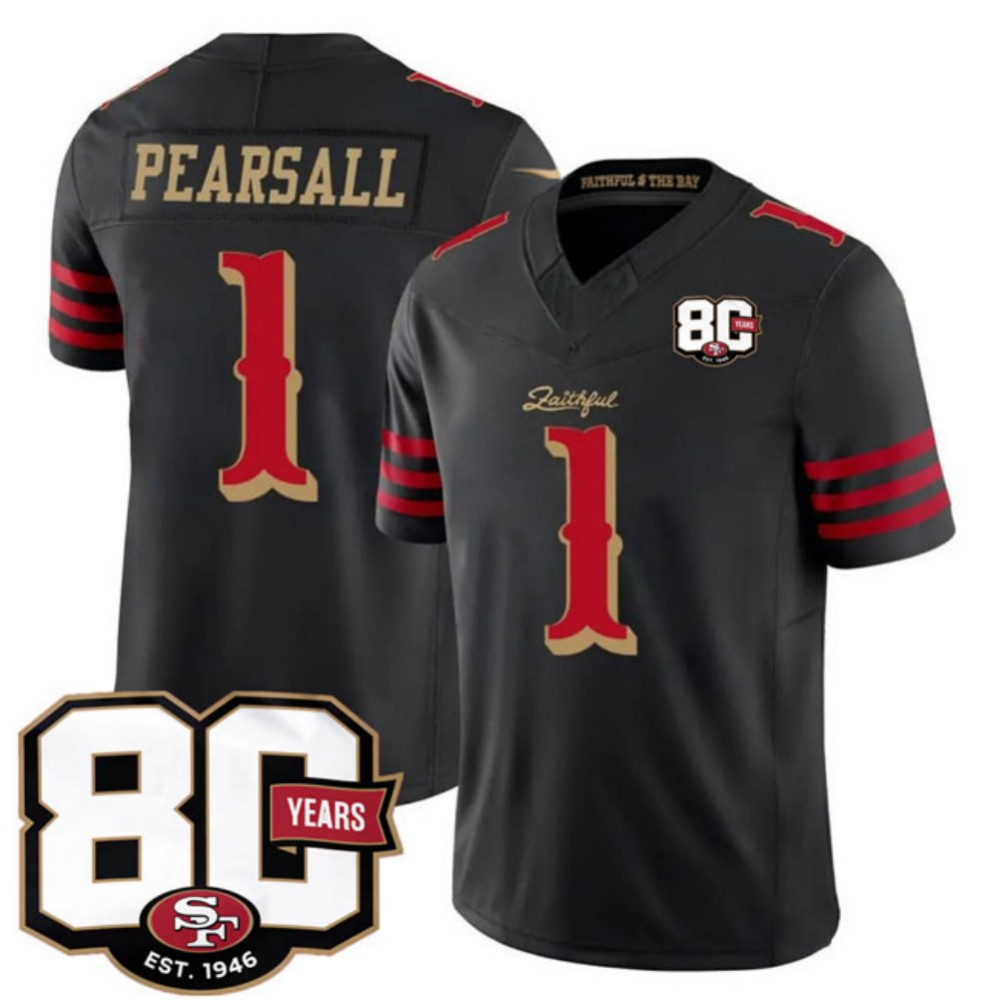 American Football Jersey | SF.49ers #1 Ricky Pearsall Black 80th Anniversary Patch Rivalries F.U.S.E. Vapor Limited Football Stitched Jersey - image 1
