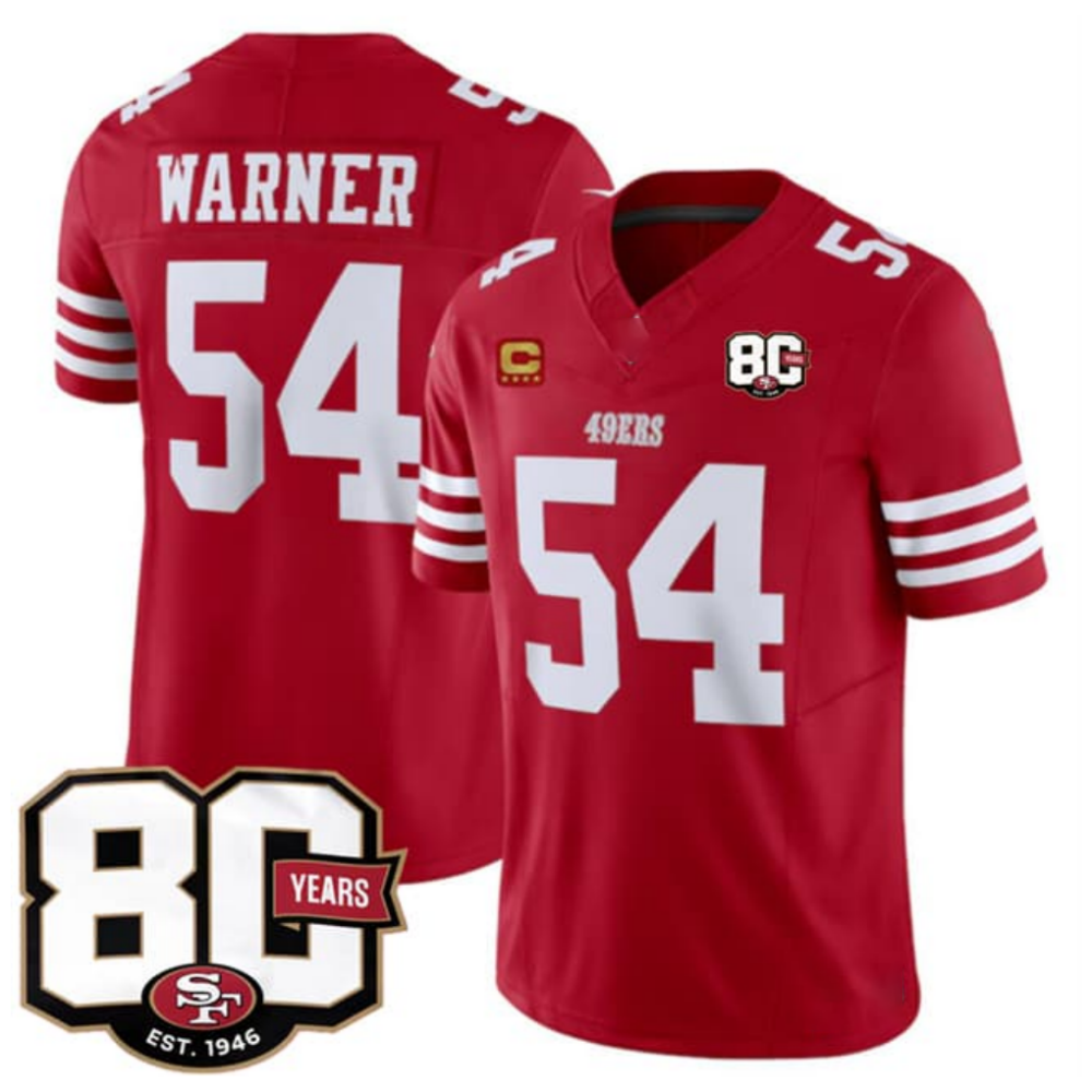 American Football Jersey | SF.49ers #54 Fred Warner Red 80th Anniversary Patch And 4-Star C Patch 2026 F.U.S.E. Vapor Limited Football Stitched Jersey - image 1
