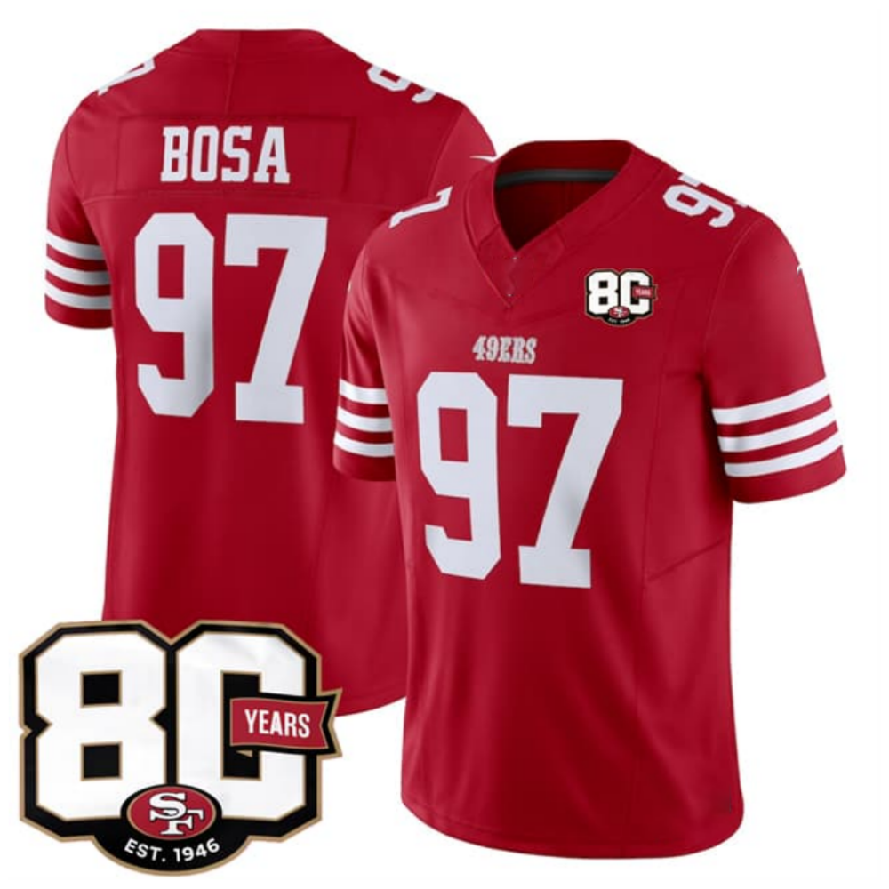 American Football Jersey | SF.49ers #97 Nick Bosa Red 80th Anniversary Patch 2026 F.U.S.E. Vapor Limited Football Stitched Jersey - image 1