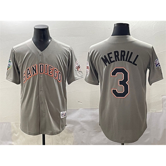 Baseball Jersey | San Diego Padres #3 Jackson Merrill Gray Fashion Throwback With Patch Stitched - image 1