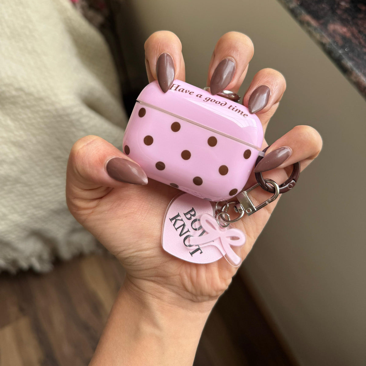 Pink Polka Dot AirPods Case with Heart Charm - product view 1