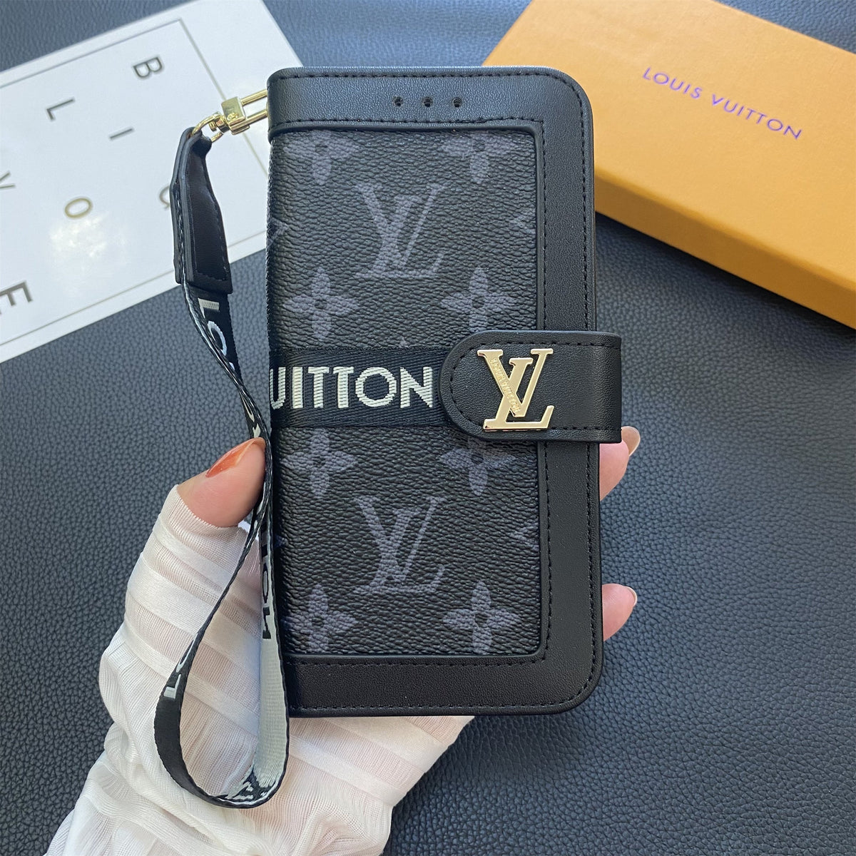 Genuine Leather Monogram Canvas Wallet Phone Case - product view 3