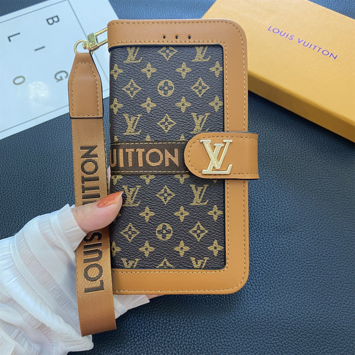 Genuine Leather Monogram Canvas Wallet Phone Case - product view 2