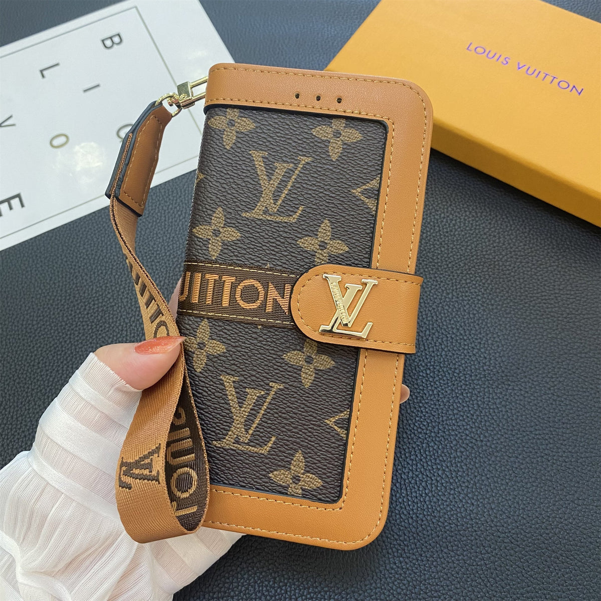 Genuine Leather Monogram Canvas Wallet Phone Case - product view 1