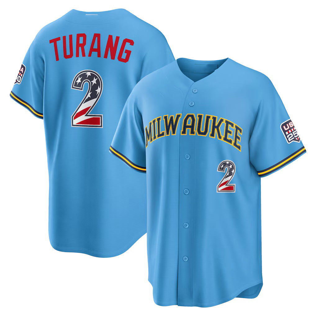Baseball Jersey | Milwaukee Brewers #2 Brice Turang USA 250 Fourth of July Road Stadium Jersey - Light Blue Puhics - image 1