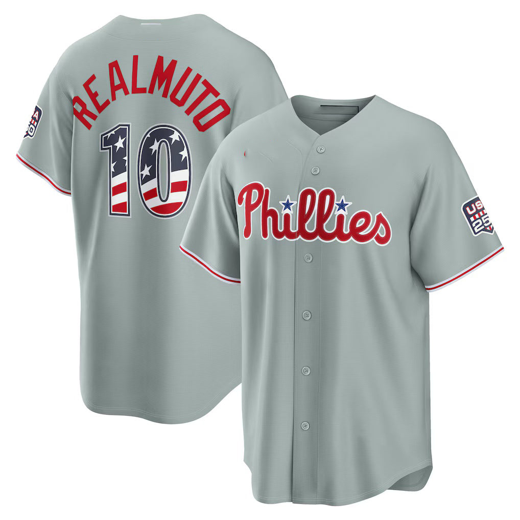 Baseball Jersey | Philadelphia Phillies #10 J.T. Realmuto USA 250 Fourth of July Road Stadium Jersey - Gray Puhics - image 1