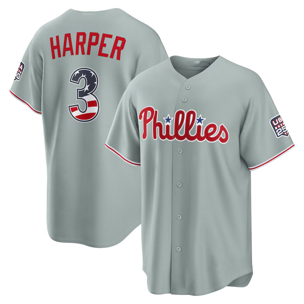 Baseball Jersey | Philadelphia Phillies #3 Bryce Harper USA 250 Fourth of July Road Stadium Jersey - Gray Puhics - image 1