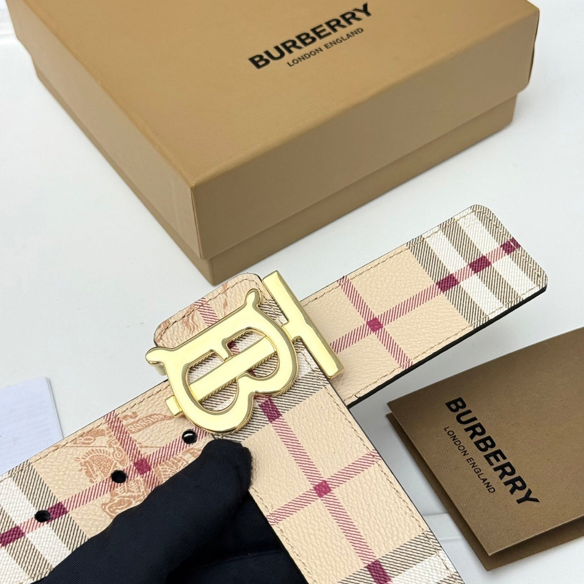 Men‘s Leather Belt TB Monogram Buckle / Check Pattern - product view 1