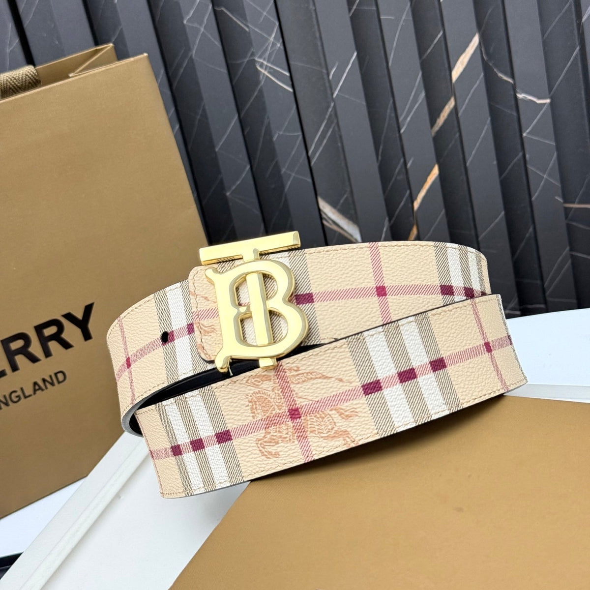 Men‘s Leather Belt TB Monogram Buckle / Check Pattern - product view 5