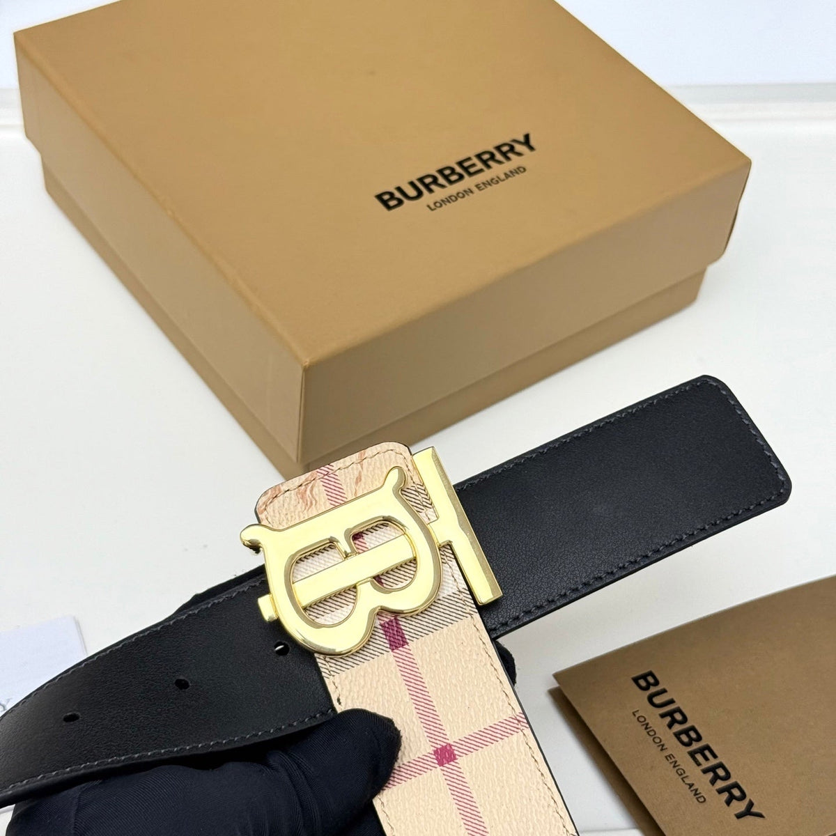 Men‘s Leather Belt TB Monogram Buckle / Check Pattern - product view 6