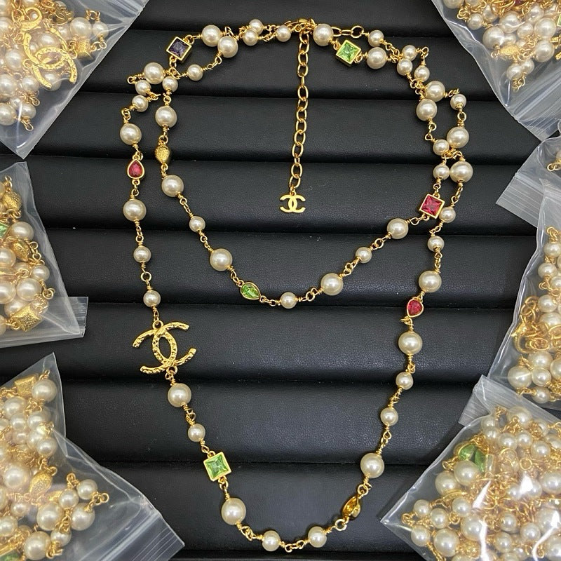CHN123  Women's Early Spring Color Diamond Double C Pearl Sweater Chain Jewelry