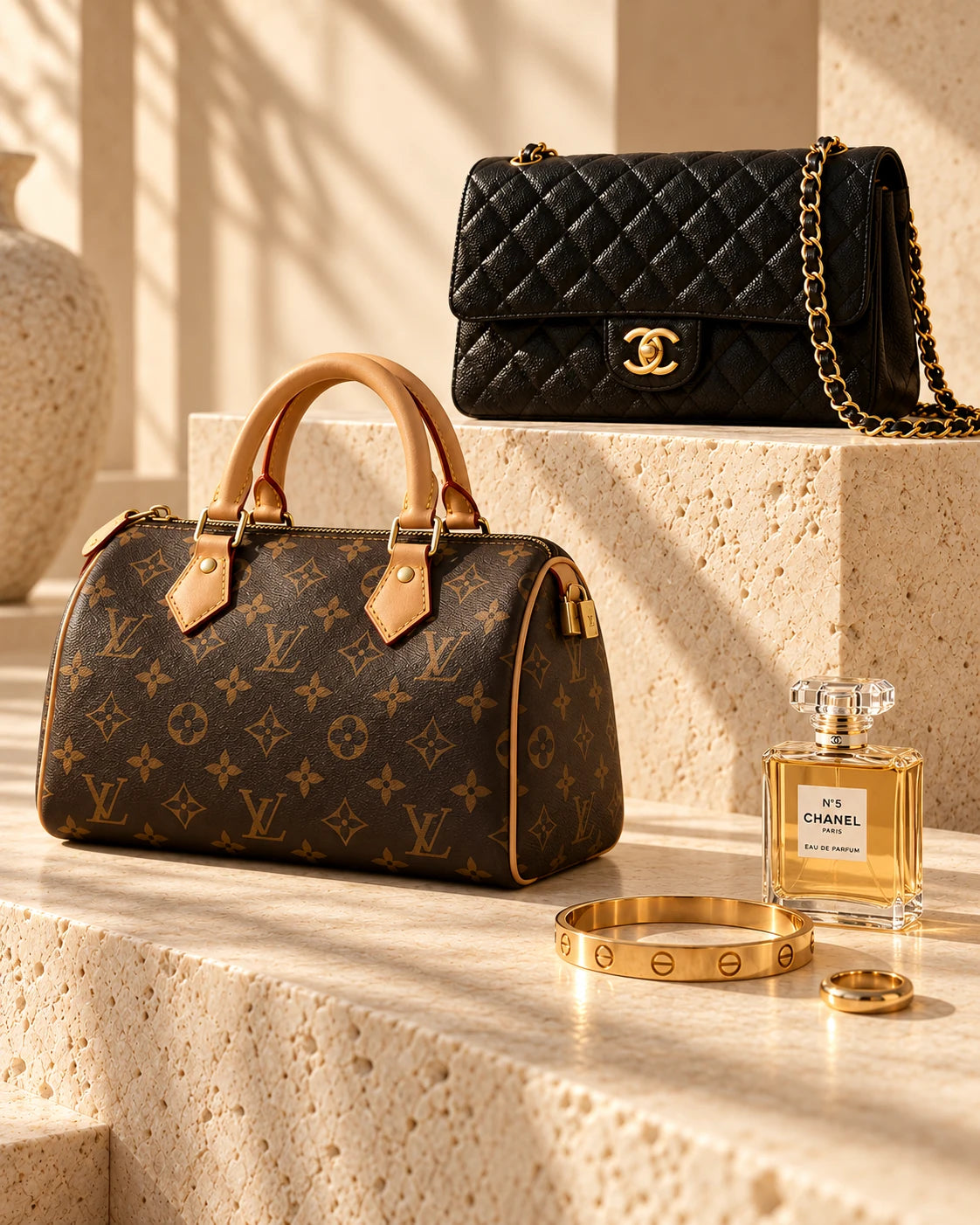 A luxury still life of Louis Vuitton and Chanel handbags, gold jewelry and fragrance